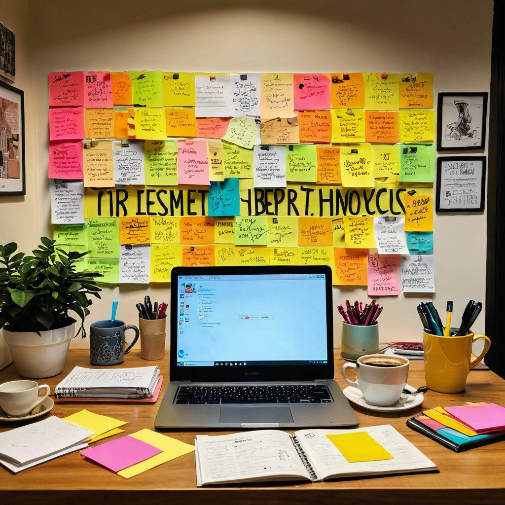 A vibrant workspace featuring a laptop open to a personal blog dashboard, surrounded by colorful sticky notes with ideas and sketches. An inspirational quote on a wall, books on digital publishing stacked nearby, and a cup of coffee steaming on the table. Warm lighting to create an inviting atmosphere. super-realistic. vibrant colors. cozy setting.
