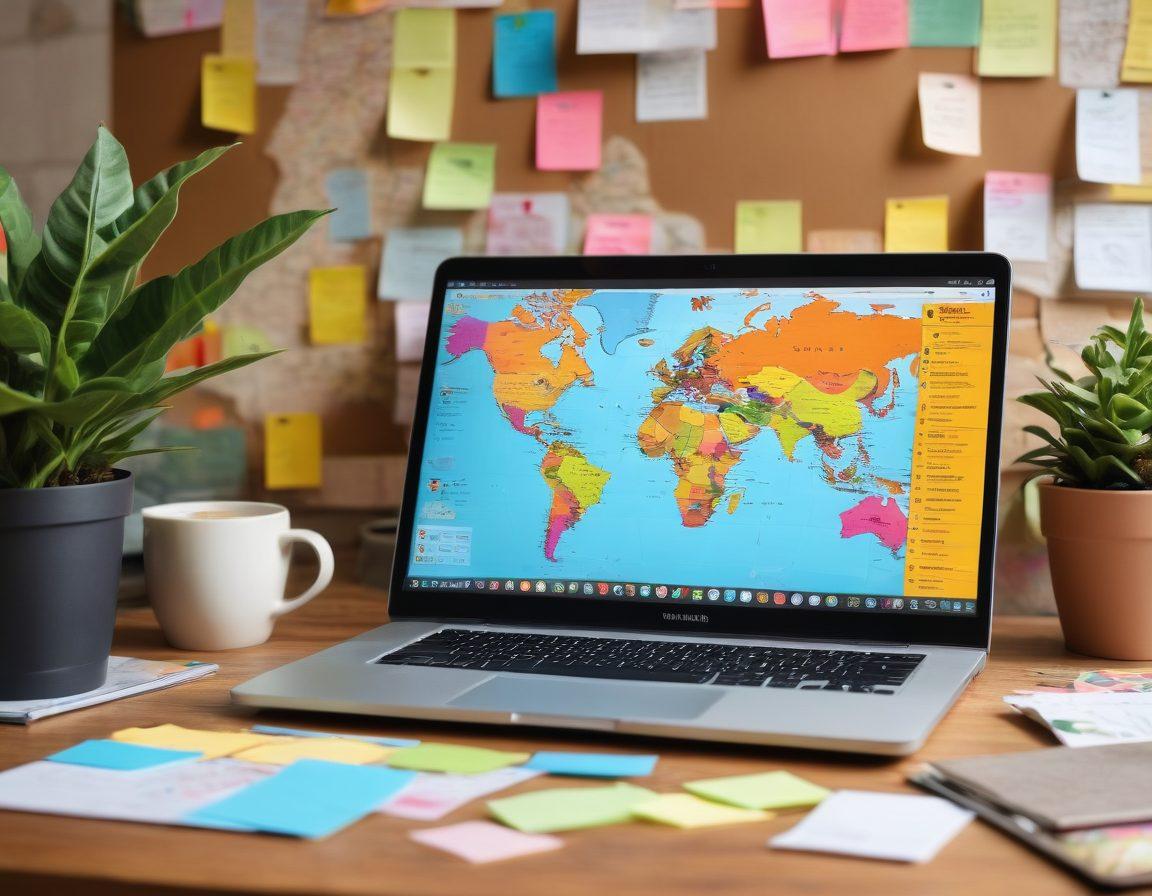 A creative workspace featuring a laptop open to a vibrant blog dashboard, surrounded by colorful sticky notes with brainstorming ideas. There are plants providing a refreshing touch and a steaming cup of coffee, symbolizing inspiration. A world map in the background shows diverse audiences connecting online. super-realistic. vibrant colors. cozy atmosphere.