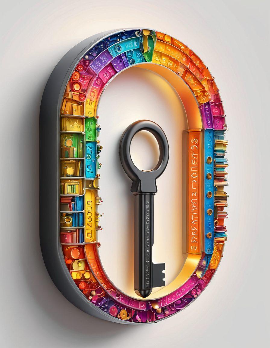 A glowing key unlocking a digital lock set against a background filled with blog icons and symbols, representing creativity and knowledge in blogging, with streams of colorful data flowing around. super-realistic. vibrant colors. white background.